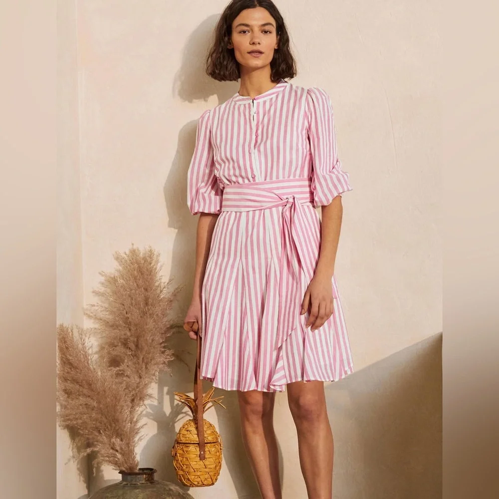 BODEN Puff Sleeve Cotton Pink White Striped Dress Button Down Ruffle Hem SZ 2 - Picture 16 of 16